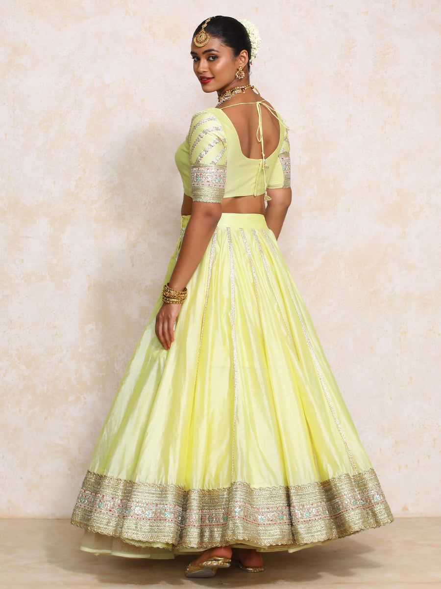 Mahira x Tyohaar Lehenga Set, in Yellow Chandheri, featuring elbow sleeves and scoop neckline, made for party & festive.