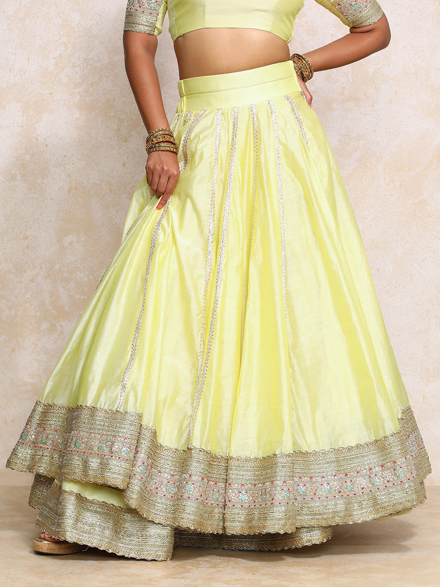 Mahira x Tyohaar Lehenga Set, in Yellow Chandheri, featuring elbow sleeves and scoop neckline, made for party & festive.
