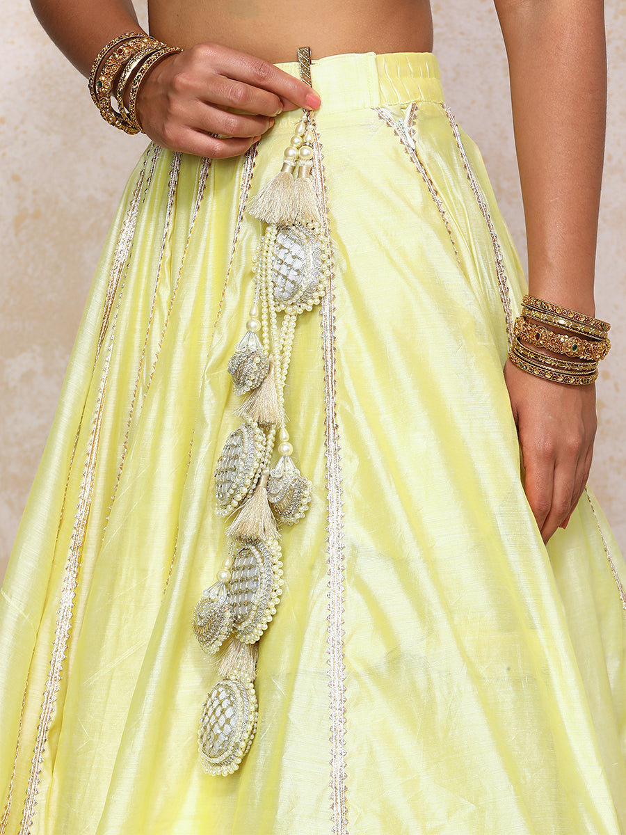 Mahira x Tyohaar Lehenga Set, in Yellow Chandheri, featuring elbow sleeves and scoop neckline, made for party & festive.