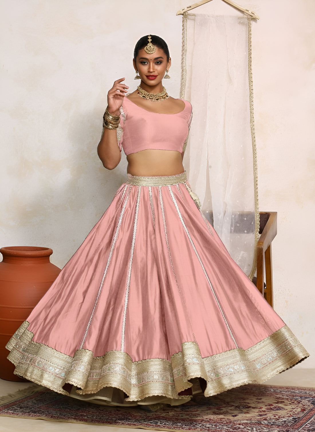 Mahira x Tyohaar Lehenga Set, in Pink Chandheri, featuring elbow sleeves and scoop neckline, made for party & festive.