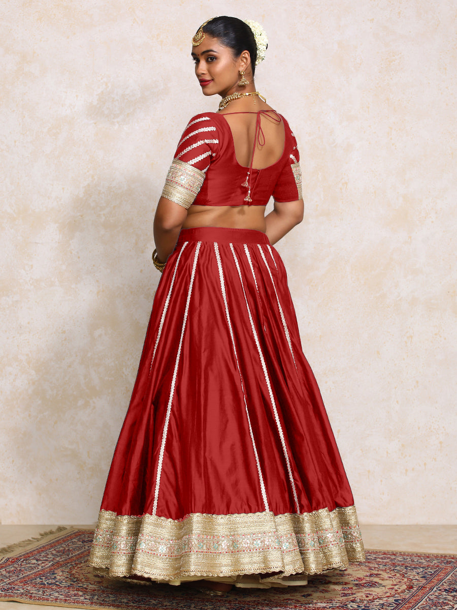 Mahira x Tyohaar Lehenga Set, in Red Chandheri, featuring elbow sleeves and scoop neckline, made for party & festive (view 2).