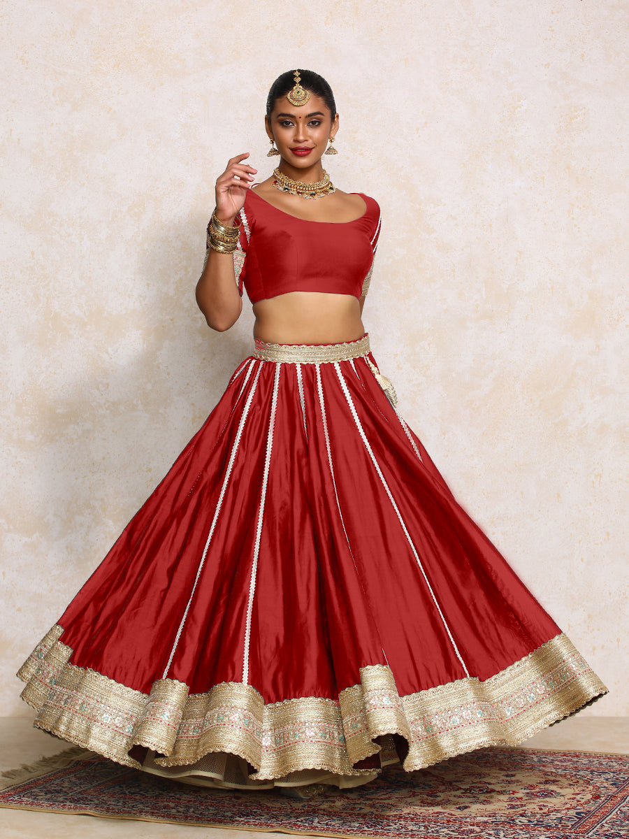 Mahira x Tyohaar Lehenga Set, in Red Chandheri, featuring elbow sleeves and scoop neckline, made for party & festive (view 7).