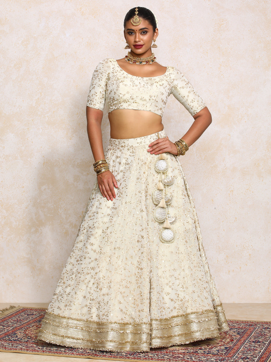 Mahroo x Tyohaar Lehenga Set, in Cream Embroidered Viscose Tissue, featuring elbow sleeves and scoop neckline (view 8).