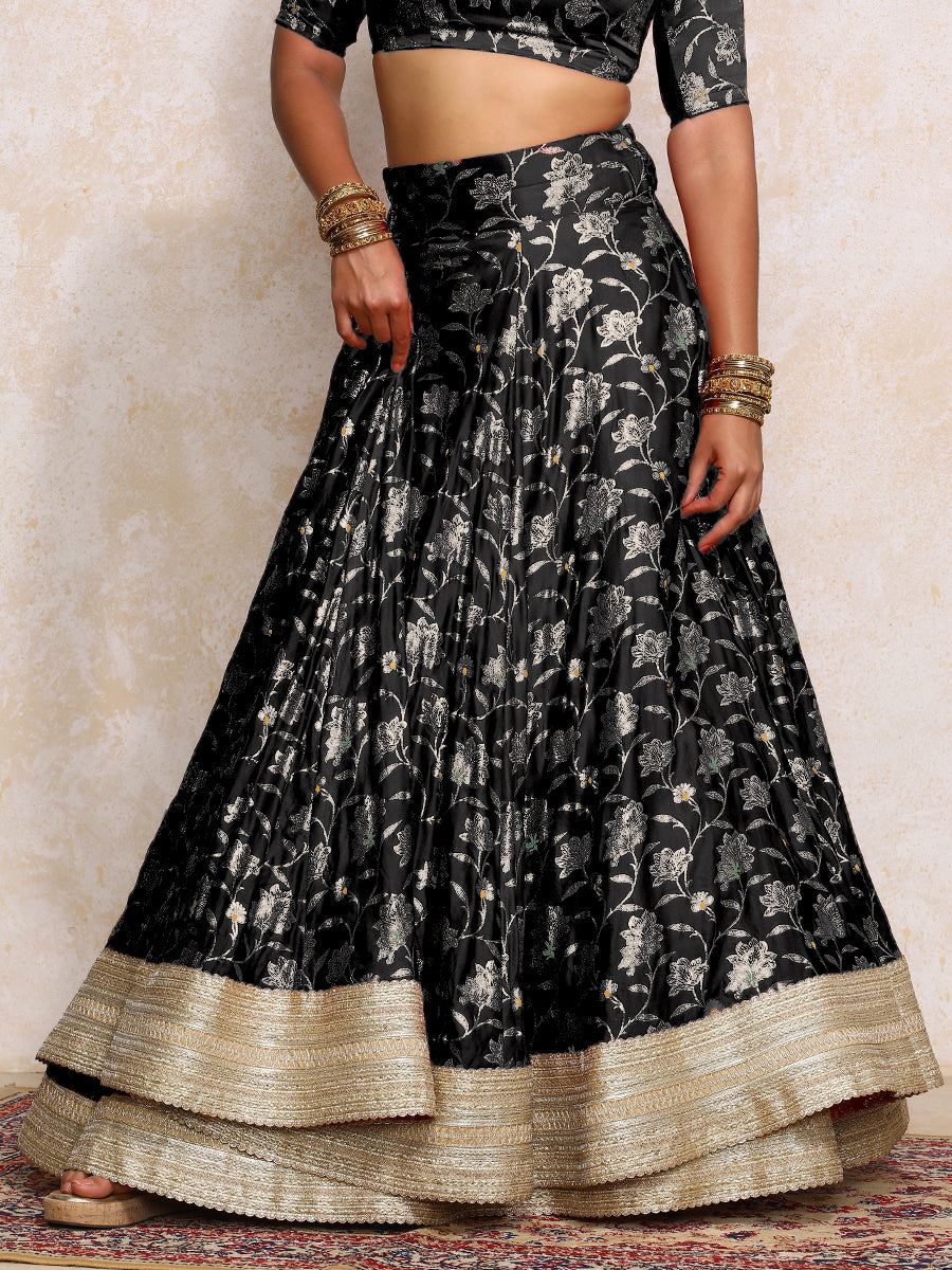 Meenakshi x Tyohaar Lehenga Set, in Black Meenakari Satin Viscose, featuring elbow sleeves and jewel neckline (view 7).