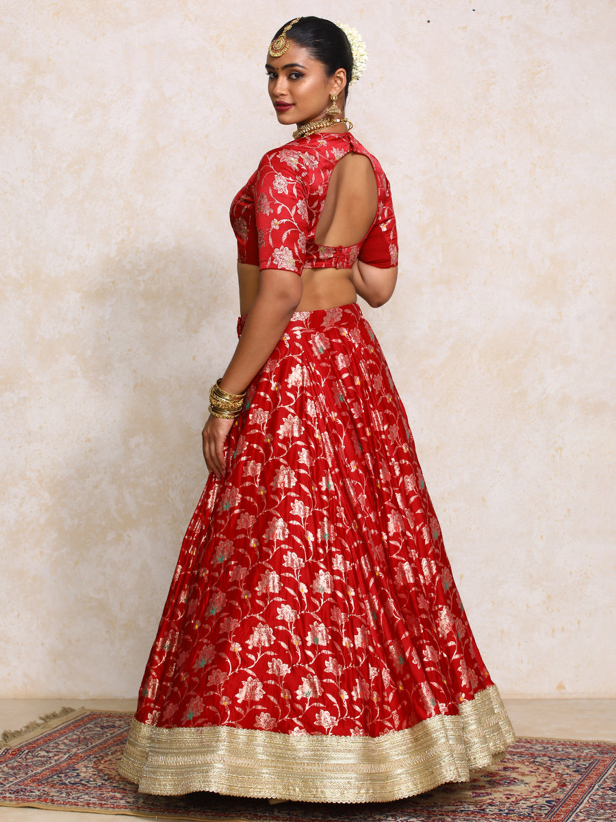 Meenakshi x Tyohaar Lehenga Set, in Red Meenakari Satin Viscose, featuring elbow sleeves and jewel neckline (view 2).