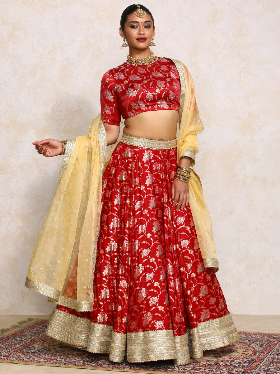 Meenakshi x Tyohaar Lehenga Set, in Red Meenakari Satin Viscose, featuring elbow sleeves and jewel neckline (view 7).