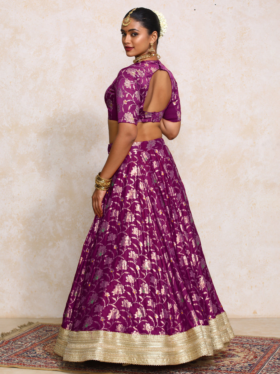 Meenakshi x Tyohaar Lehenga Set, in Purple Meenakari Satin Viscose, featuring elbow sleeves and jewel neckline (view 2).