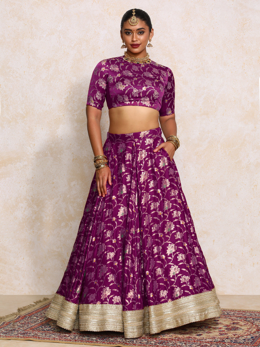 Meenakshi x Tyohaar Lehenga Set, in Purple Meenakari Satin Viscose, featuring elbow sleeves and jewel neckline (view 3).