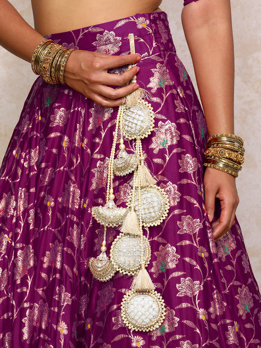 Meenakshi x Tyohaar Lehenga Set, in Purple Meenakari Satin Viscose, featuring elbow sleeves and jewel neckline (view 7).