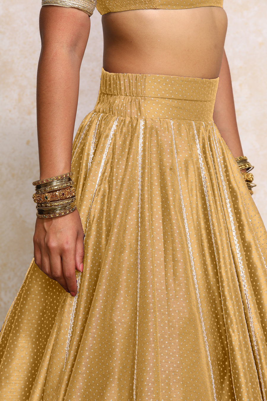 Mehreen x Tyohaar Lehenga Set, in Gold Chandheri, featuring elbow sleeves and v-neckline, made for party & festive (view 3).