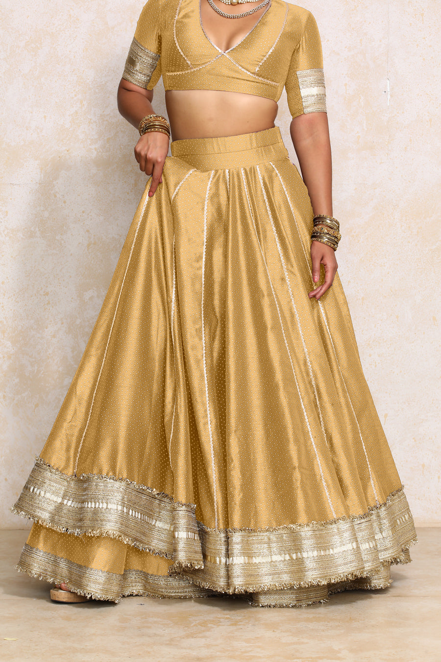 Mehreen x Tyohaar Lehenga Set, in Gold Chandheri, featuring elbow sleeves and v-neckline, made for party & festive (view 6).
