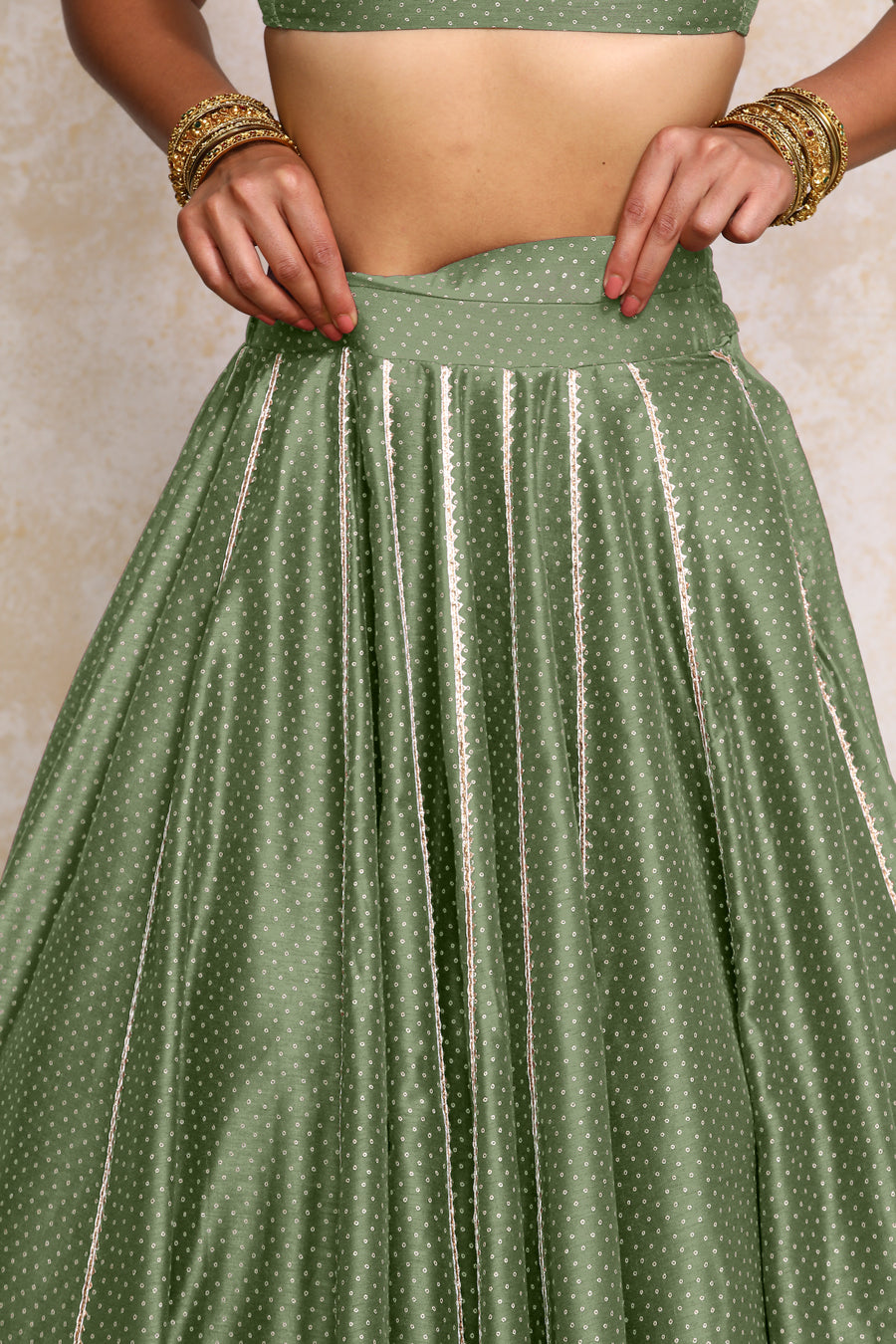 Mehreen x Tyohaar Lehenga Set, in Green Chandheri, featuring elbow sleeves and v-neckline, made for party & festive (view 4).