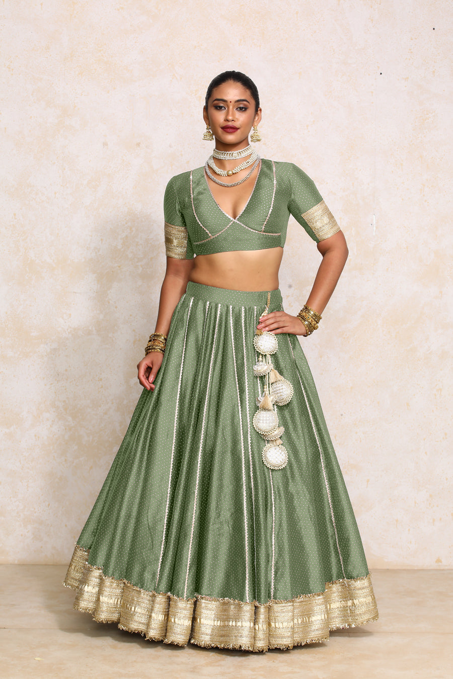 Mehreen x Tyohaar Lehenga Set, in Green Chandheri, featuring elbow sleeves and v-neckline, made for party & festive (view 7).
