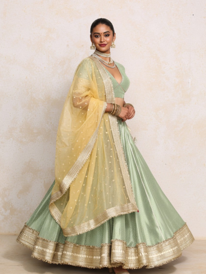 Mehreen x Tyohaar Lehenga Set, in Green Chandheri, featuring elbow sleeves and v-neckline, made for party & festive.