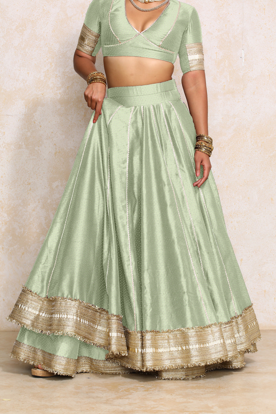 Mehreen x Tyohaar Lehenga Set, in Green Chandheri, featuring elbow sleeves and v-neckline, made for party & festive (view 6).