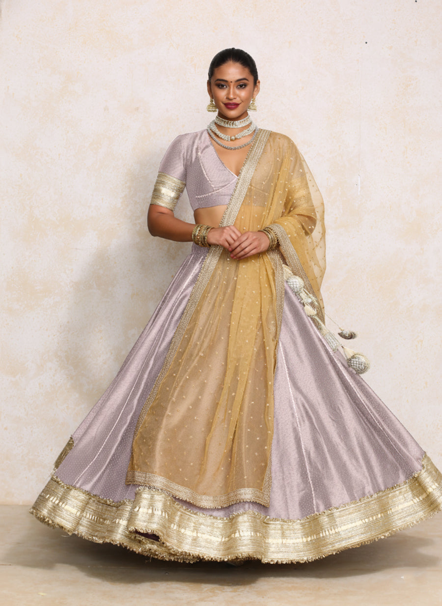 Mehreen x Tyohaar Lehenga Set, in Purple Chandheri, featuring elbow sleeves and v-neckline, made for party & festive.