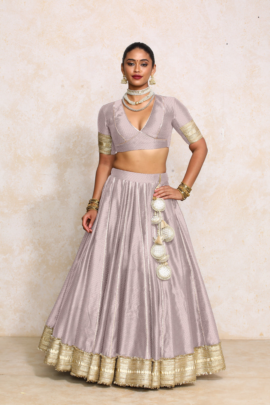 Mehreen x Tyohaar Lehenga Set, in Purple Chandheri, featuring elbow sleeves and v-neckline, made for party & festive (view 6).