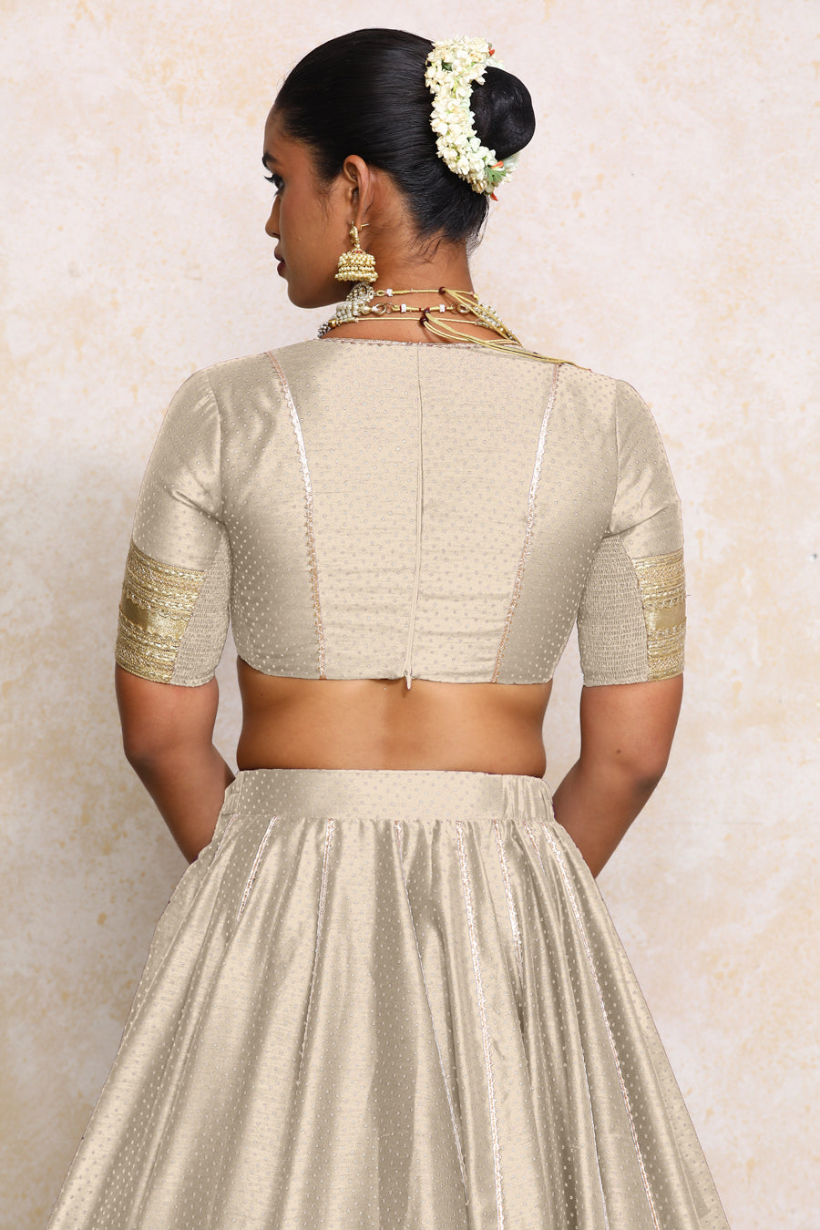 Mehreen x Tyohaar Lehenga Set, in Grey Chandheri, featuring elbow sleeves and v-neckline, made for party & festive (view 2).