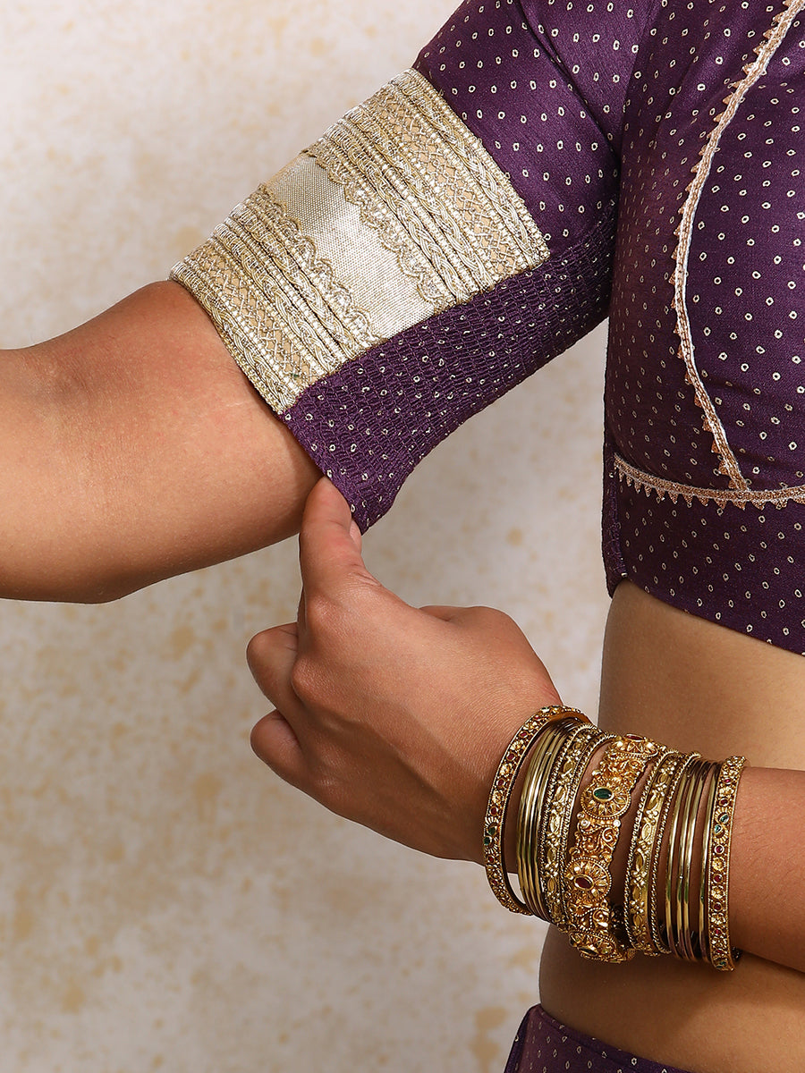 Mehreen x Tyohaar Lehenga Set, in Purple Chandheri, featuring elbow sleeves and v-neckline, made for party & festive (view 4).