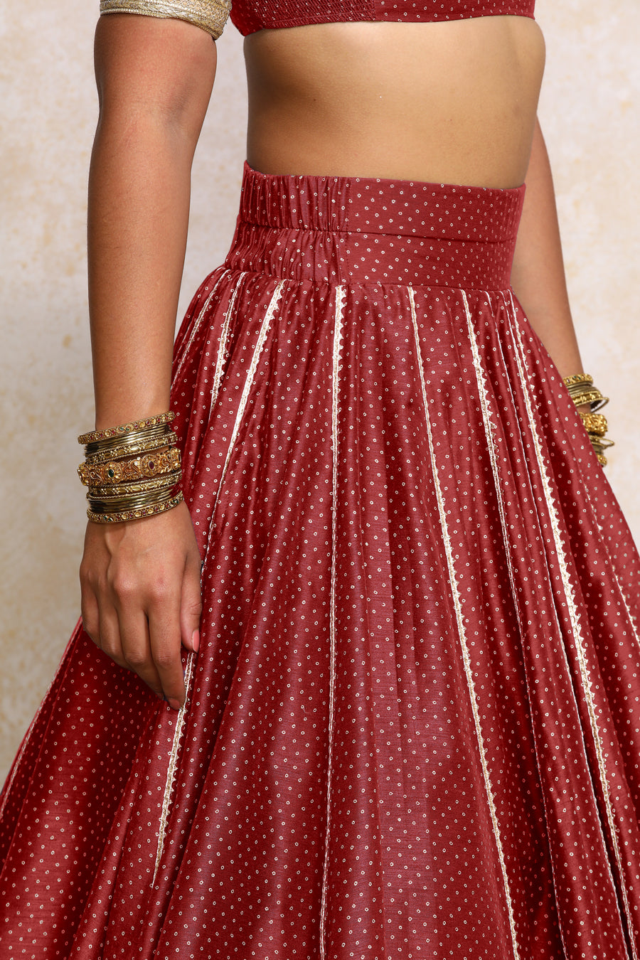 Mehreen x Tyohaar Lehenga Set, in Red Chandheri, featuring elbow sleeves and v-neckline, made for party & festive (view 3).