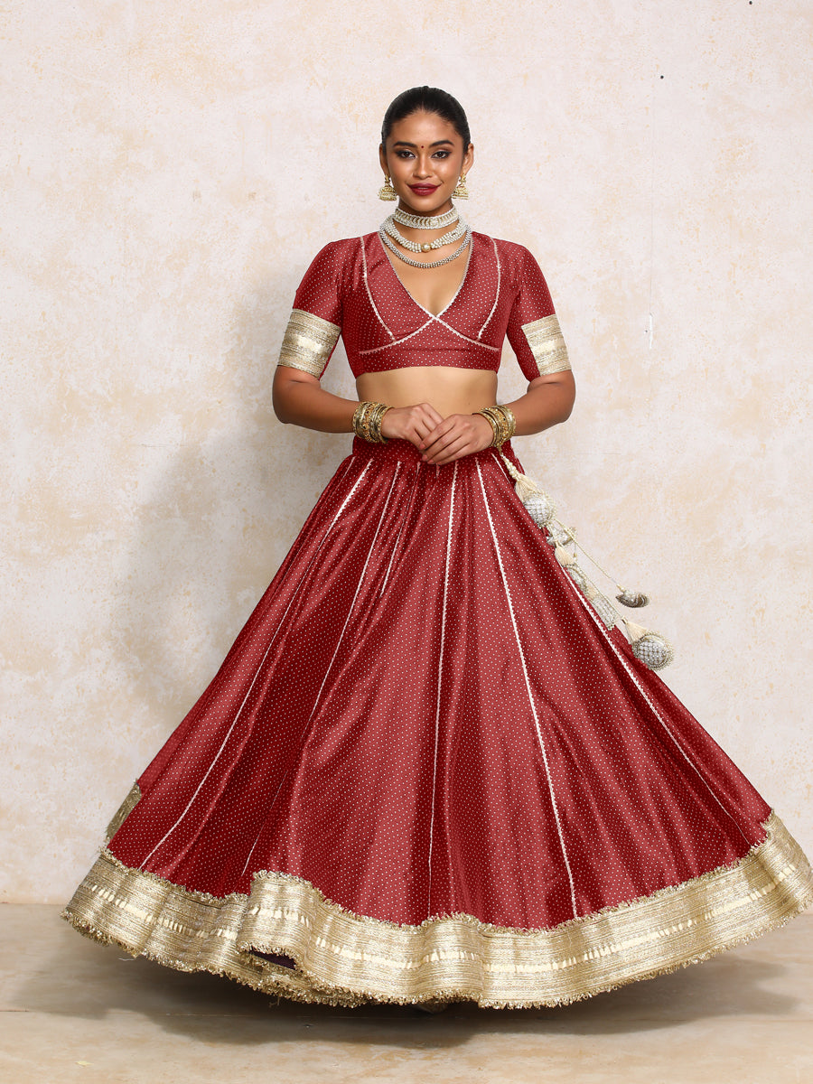 Mehreen x Tyohaar Lehenga Set, in Red Chandheri, featuring elbow sleeves and v-neckline, made for party & festive (view 7).