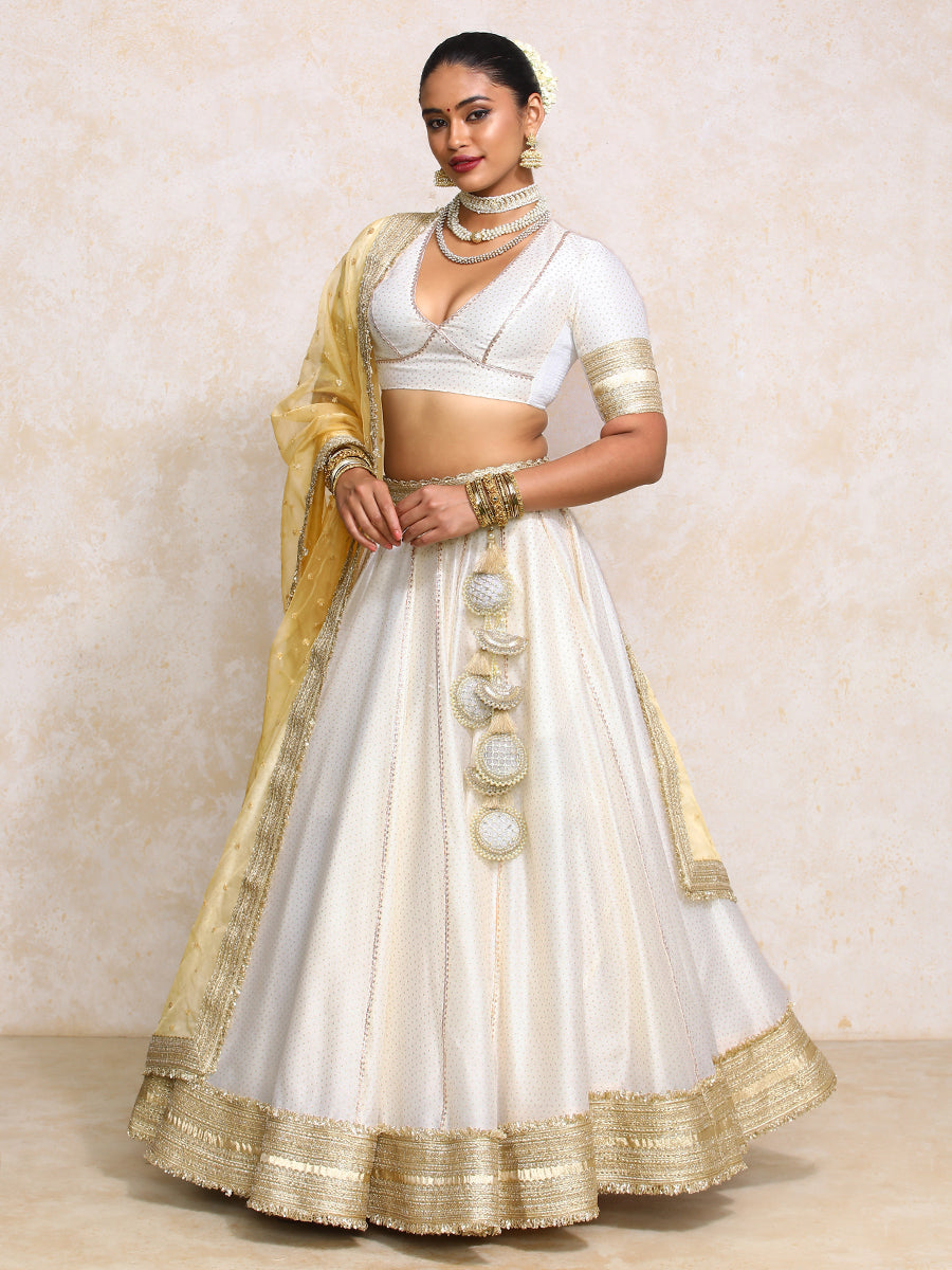 Mehreen x Tyohaar Lehenga Set, in White Chandheri, featuring elbow sleeves and v-neckline, made for party & festive (view 2).
