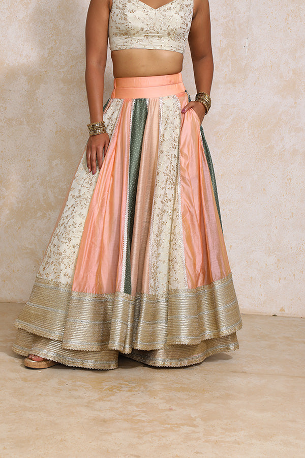 Naaz x Tyohaar Lehenga Set, in Multicolour Chandheri & Tissue Viscose, featuring elbow sleeves and scoop neckline (view 5).