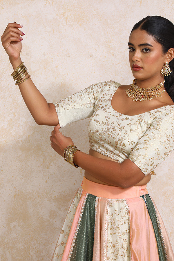Naaz x Tyohaar Lehenga Set, in Multicolour Chandheri & Tissue Viscose, featuring elbow sleeves and scoop neckline (view 7).