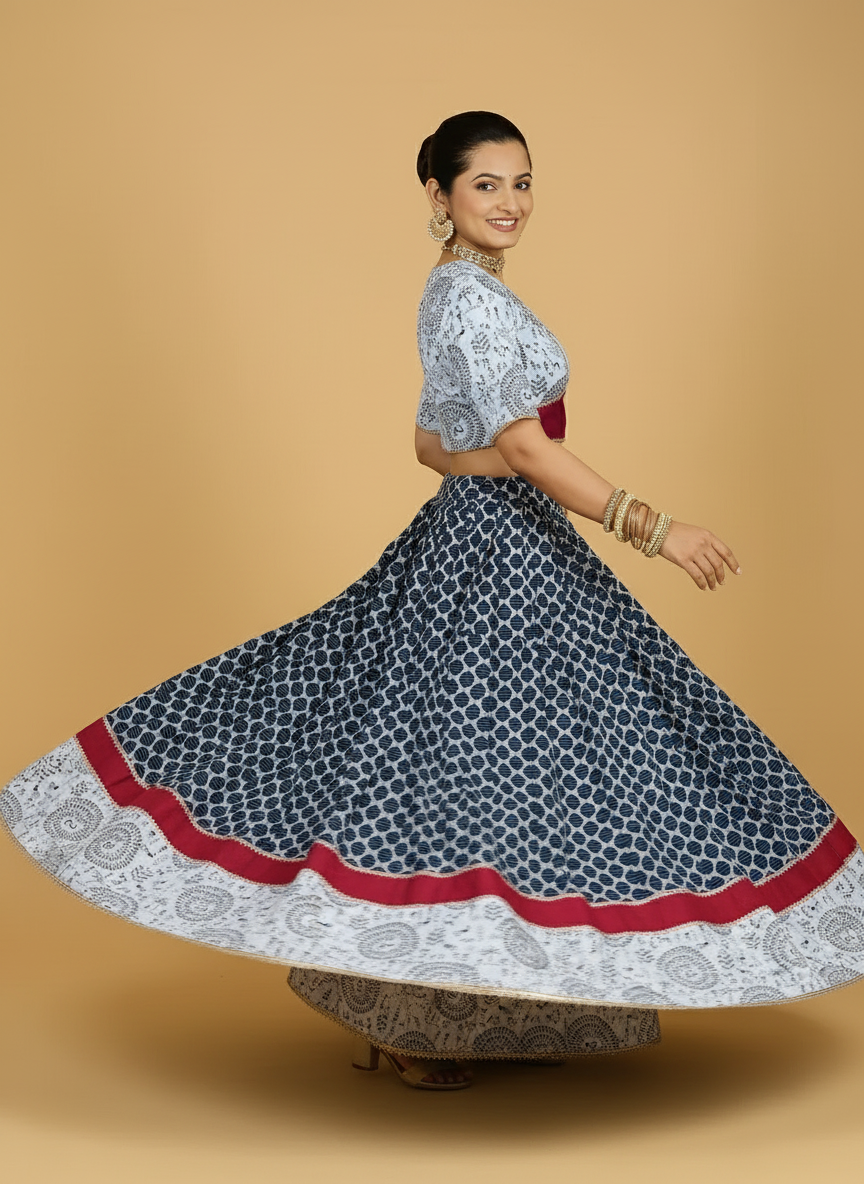 Naval x Tyohaar Lehenga Set, in Blue 100% Cotton - Block Printed, featuring elbow sleeves and v-neckline (view 4).