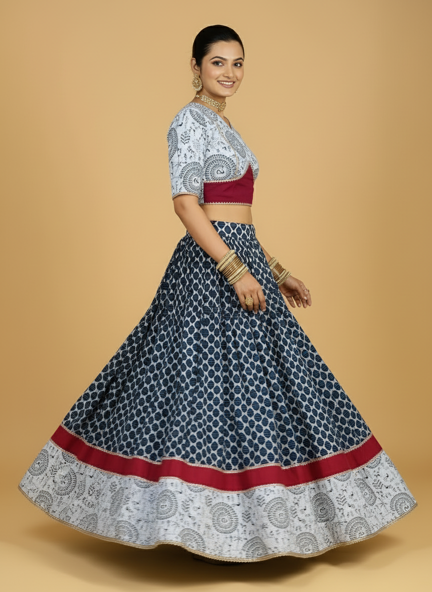 Naval x Tyohaar Lehenga Set, in Blue 100% Cotton - Block Printed, featuring elbow sleeves and v-neckline (view 5).