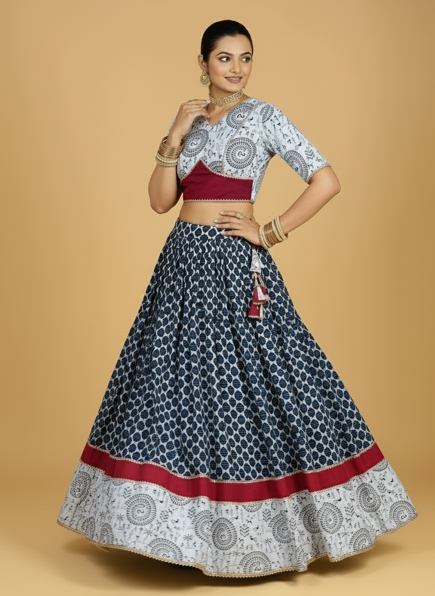 Naval x Tyohaar Lehenga Set, in Blue 100% Cotton - Block Printed, featuring elbow sleeves and v-neckline (view 6).