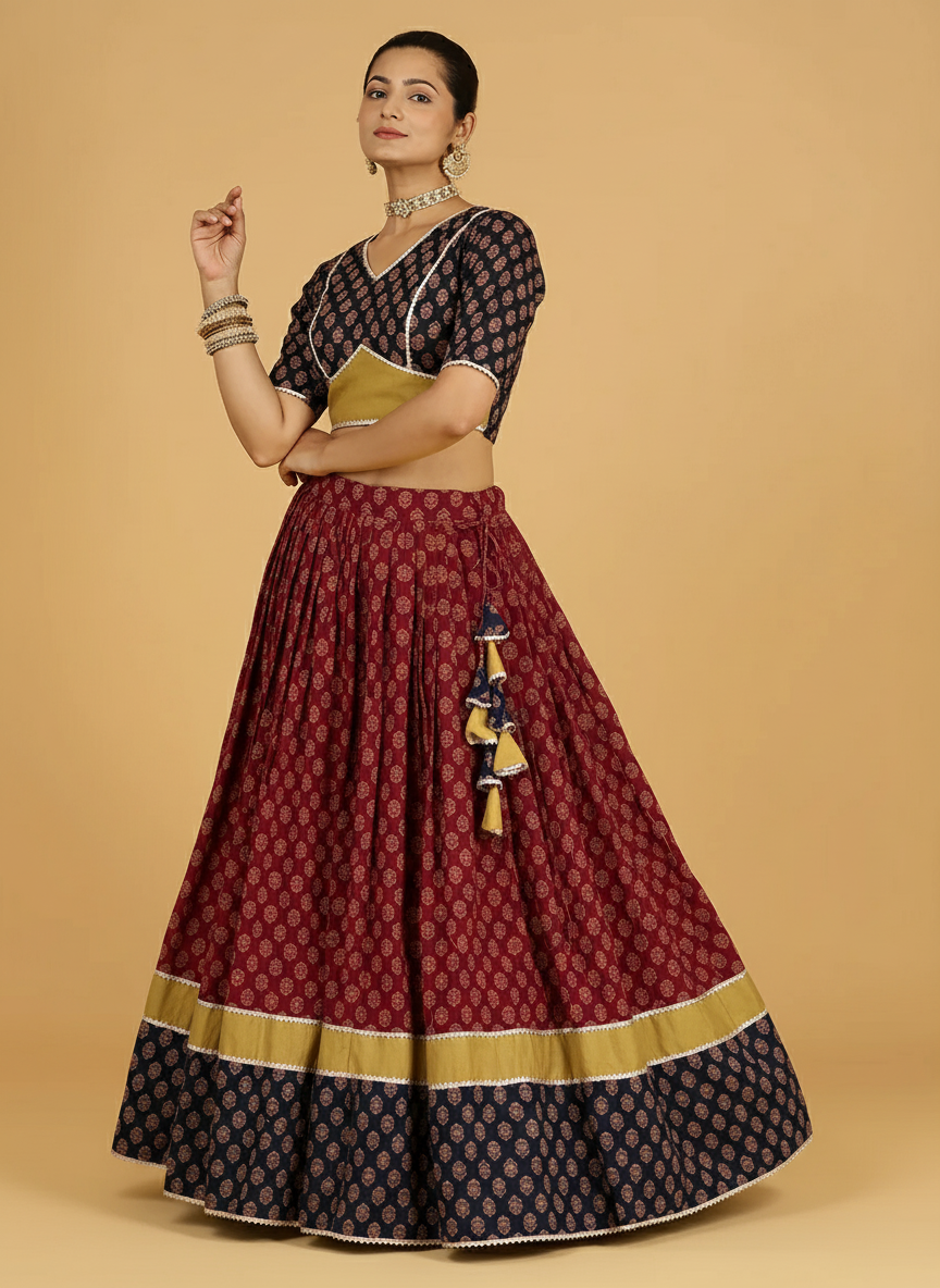 Navratna x Tyohaar Lehenga Set, in Red 100% Cotton - Block Printed, featuring elbow sleeves and v-neckline.
