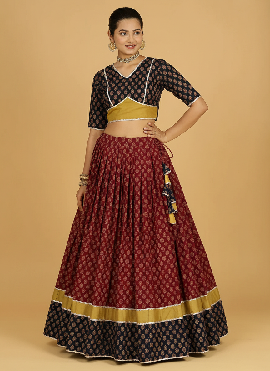Navratna x Tyohaar Lehenga Set, in Red 100% Cotton - Block Printed, featuring elbow sleeves and v-neckline (view 7).