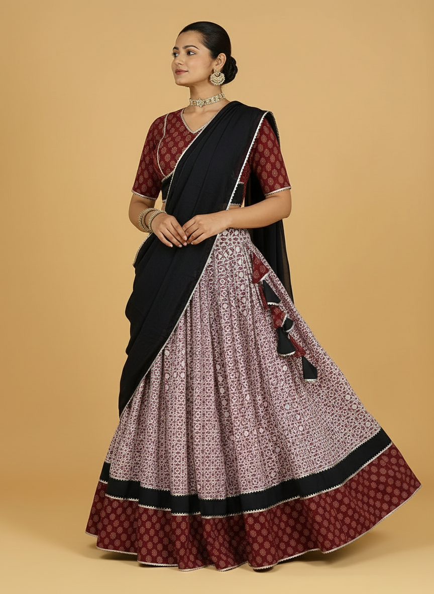 Nidheesh x Tyohaar Lehenga Set, in Red 100% Cotton - Block Printed, featuring elbow sleeves and v-neckline (view 3).
