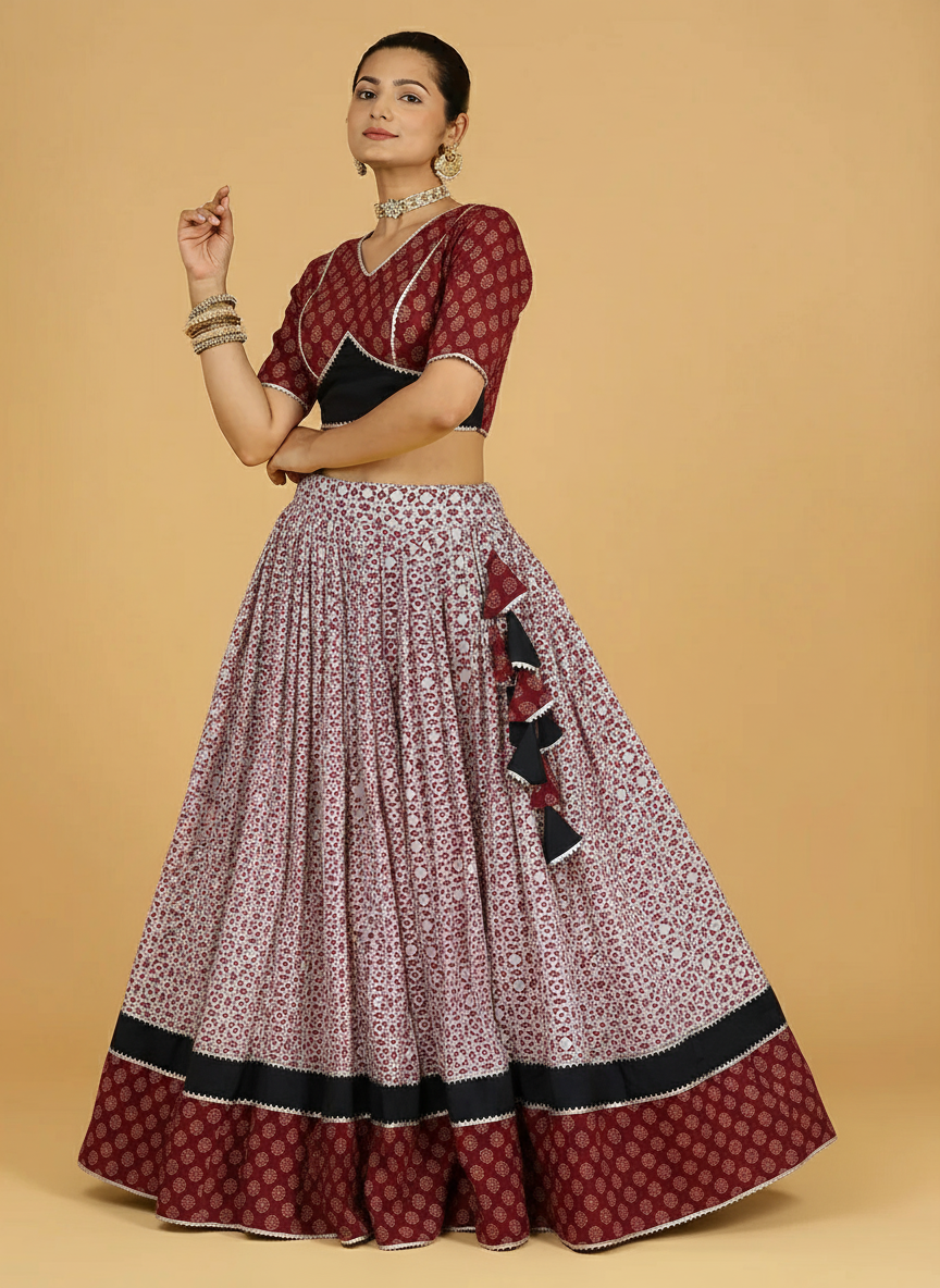 Nidheesh x Tyohaar Lehenga Set, in Red 100% Cotton - Block Printed, featuring elbow sleeves and v-neckline (view 4).