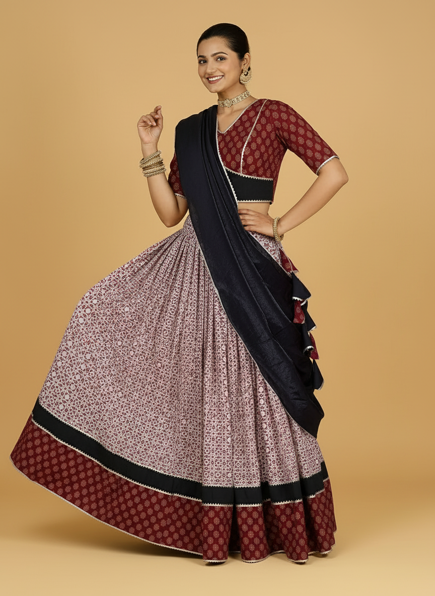 Nidheesh x Tyohaar Lehenga Set, in Red 100% Cotton - Block Printed, featuring elbow sleeves and v-neckline (view 6).