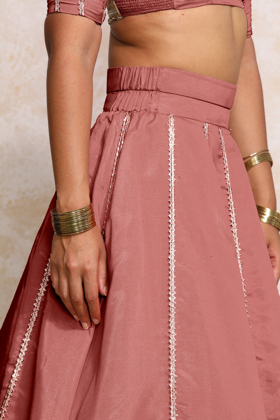 Ruhani x Tyohaar Lehenga Set, in Pink Viscose Gold Tissue, featuring elbow sleeves and v-neckline, made for party & festive.