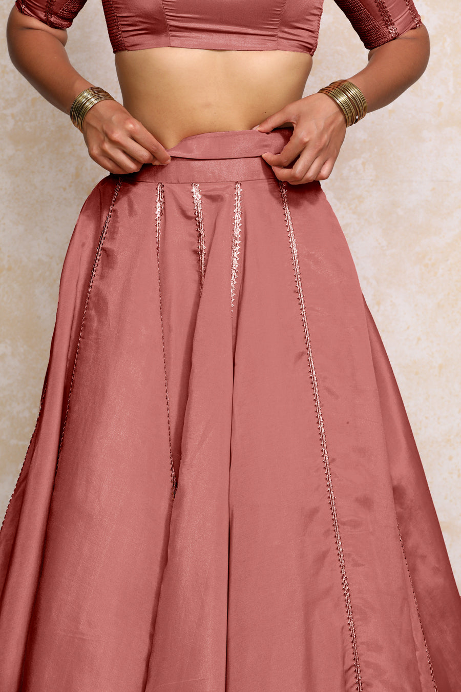 Ruhani x Tyohaar Lehenga Set, in Pink Viscose Gold Tissue, featuring elbow sleeves and v-neckline, made for party & festive.