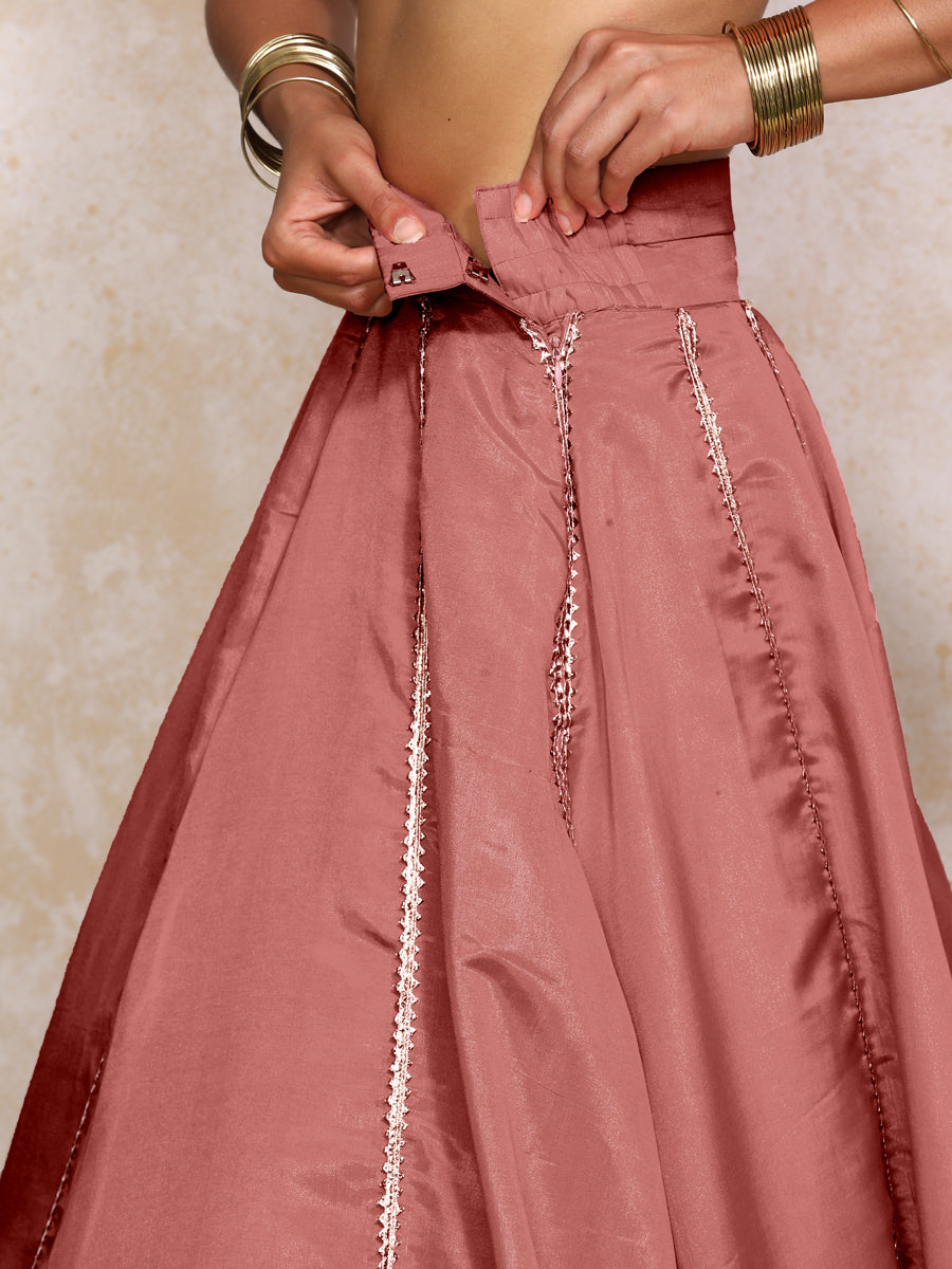 Ruhani x Tyohaar Lehenga Set, in Pink Viscose Gold Tissue, featuring elbow sleeves and v-neckline, made for party & festive.