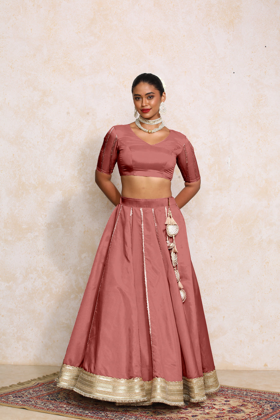 Ruhani x Tyohaar Lehenga Set, in Pink Viscose Gold Tissue, featuring elbow sleeves and v-neckline, made for party & festive.