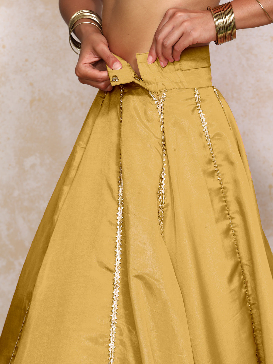 Ruhani x Tyohaar Lehenga Set, in Yellow Viscose Gold Tissue, featuring elbow sleeves and v-neckline (view 4).