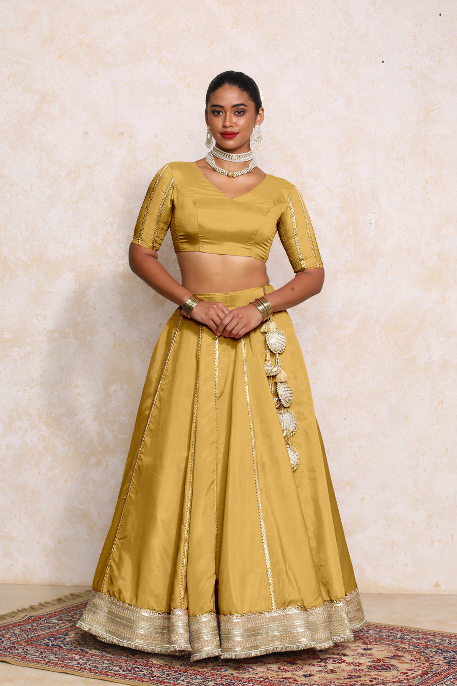 Ruhani x Tyohaar Lehenga Set, in Yellow Viscose Gold Tissue, featuring elbow sleeves and v-neckline (view 6).