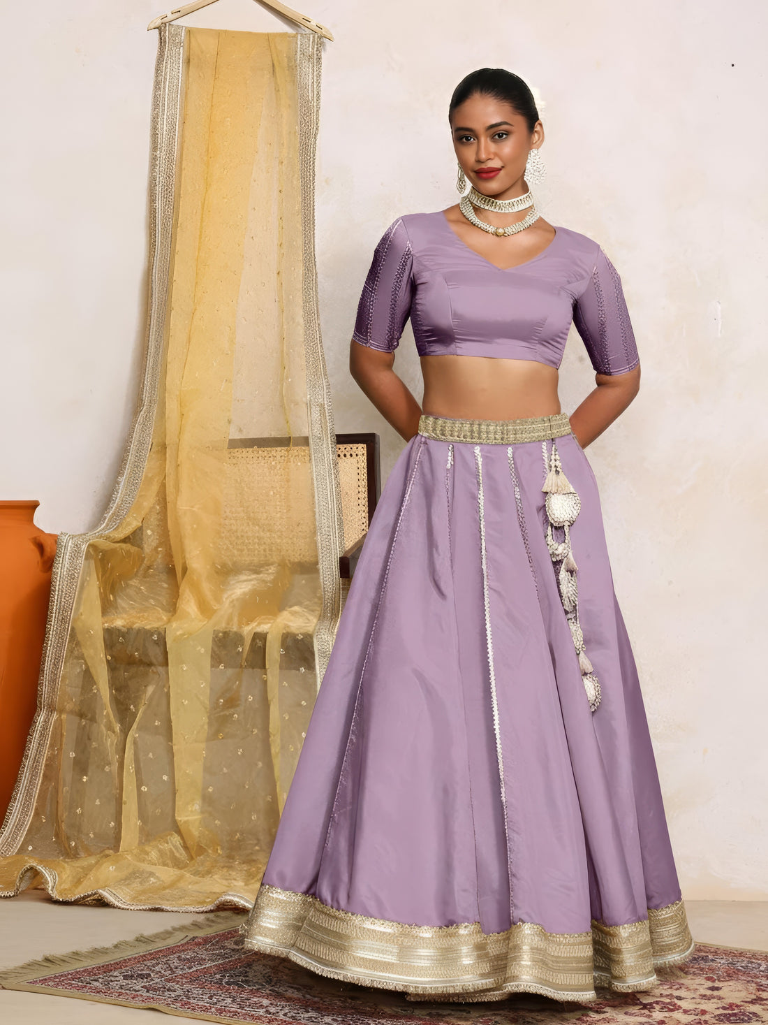 Ruhani x Tyohaar Lehenga Set, in Purple Viscose Gold Tissue, featuring elbow sleeves and v-neckline.