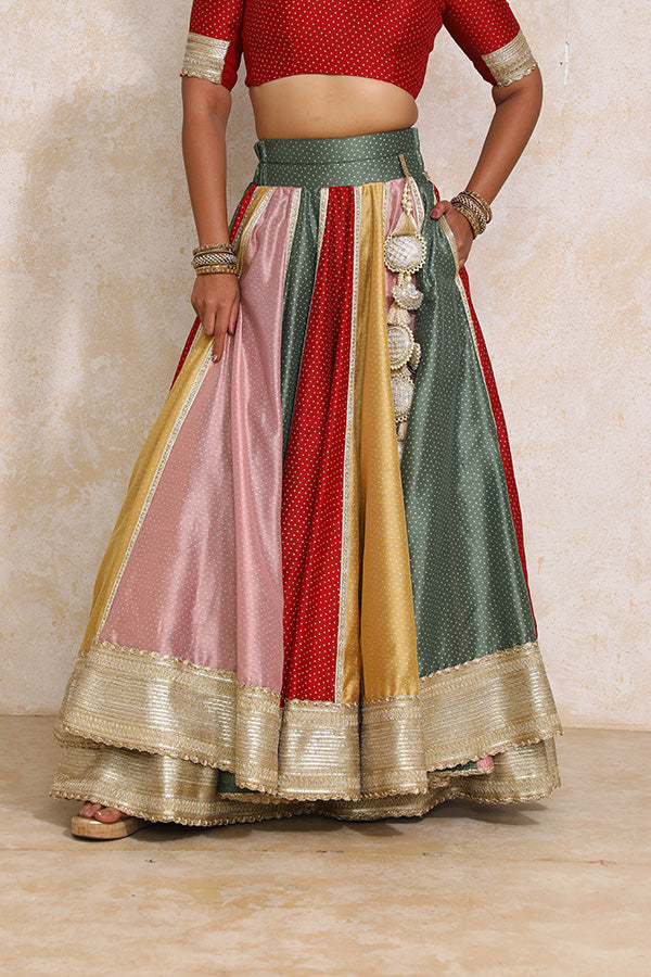 Saanjh x Tyohaar Lehenga Set, in Multicolour Chandheri, featuring elbow sleeves and scoop neckline, made for party & festive.