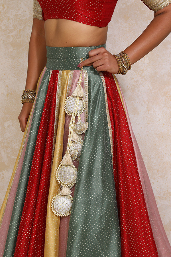 Saanjh x Tyohaar Lehenga Set, in Multicolour Chandheri, featuring elbow sleeves and scoop neckline, made for party & festive.