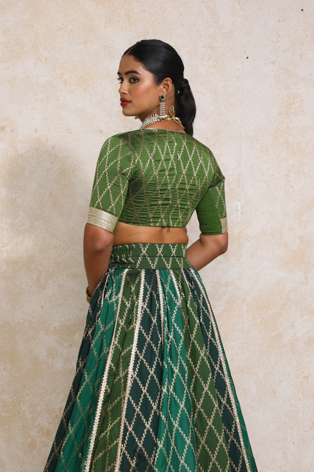 Sahiba x Tyohaar Lehenga Set, in Green Viscose Silk Brocade, featuring elbow sleeves and v-neckline (view 2).
