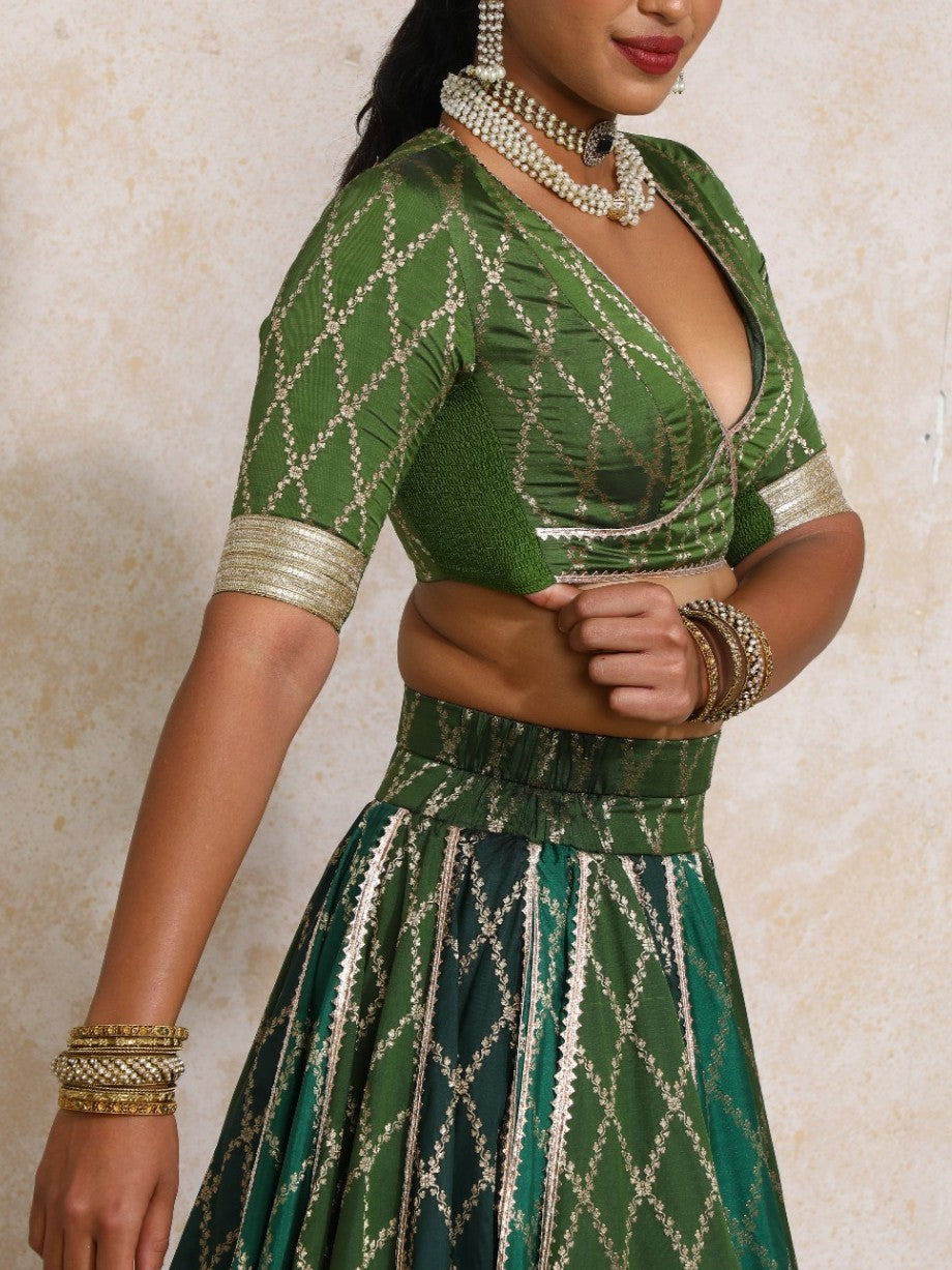 Sahiba x Tyohaar Lehenga Set, in Green Viscose Silk Brocade, featuring elbow sleeves and v-neckline (view 7).