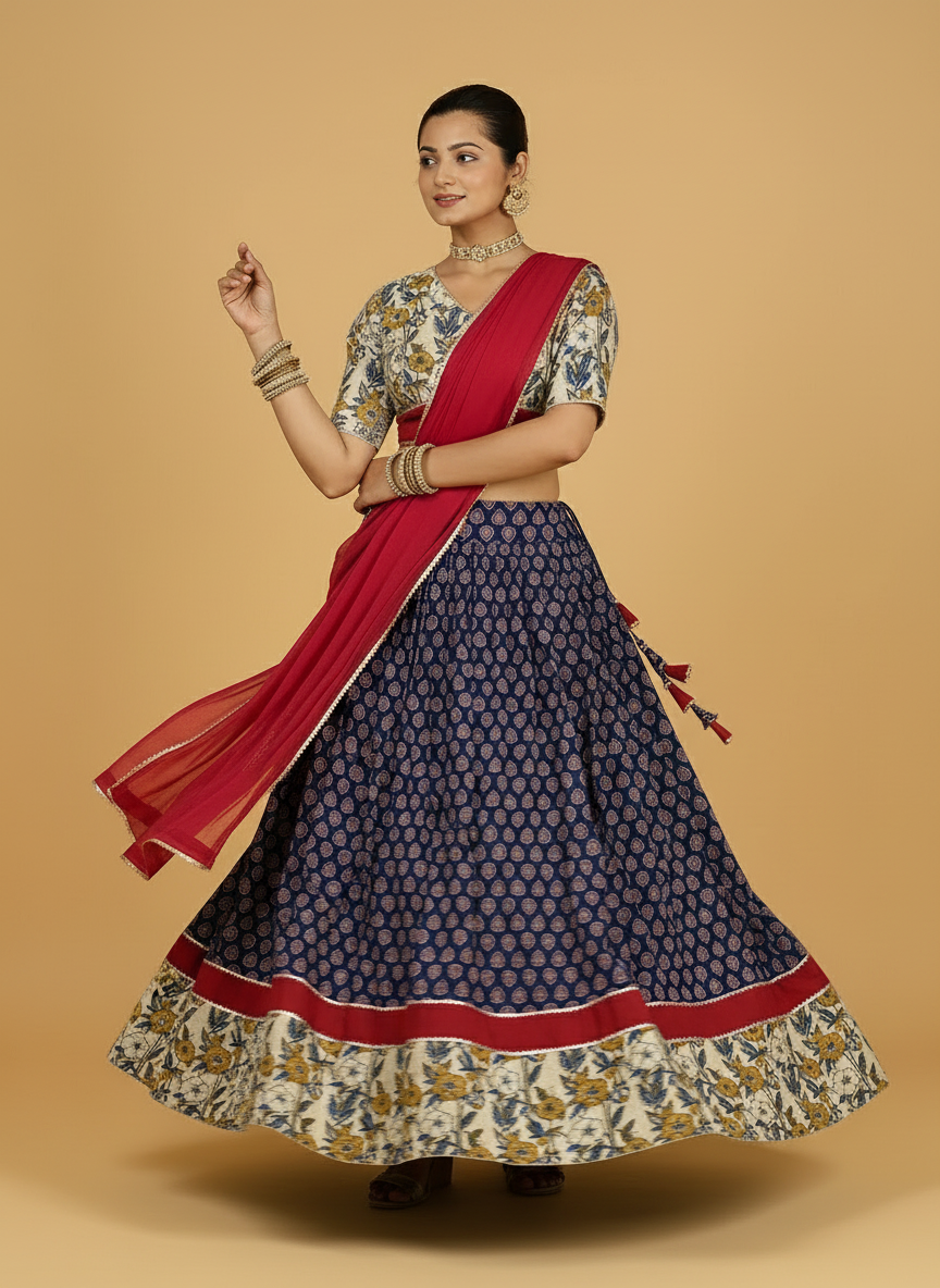 Shagun x Tyohaar Lehenga Set, in Blue 100% Cotton - Block Printed, featuring elbow sleeves and v-neckline (view 6).