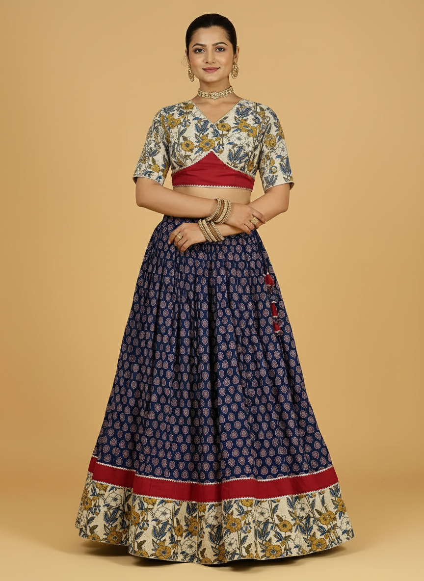 Shagun x Tyohaar Lehenga Set, in Blue 100% Cotton - Block Printed, featuring elbow sleeves and v-neckline (view 7).