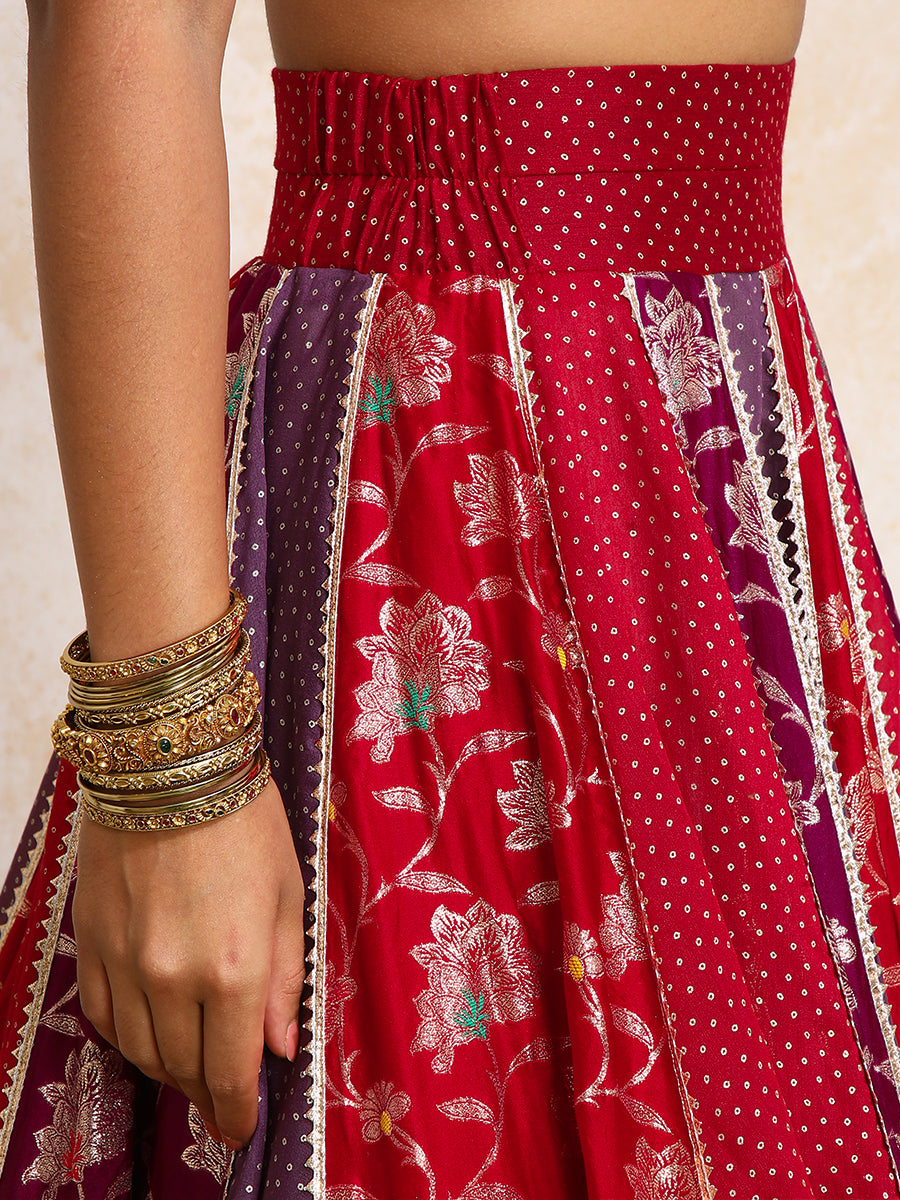 Shama x Tyohaar Lehenga Set, in Multicolour Chandheri & Satin Viscose, featuring elbow sleeves and v-neckline (view 3).